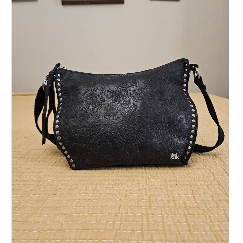 The SAK Saratoga Black Embossed Leather Floral Crossbody Purse Bag Boho Biker